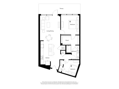 Floor plan for 2 beds, 1 bath, 1082 sqft